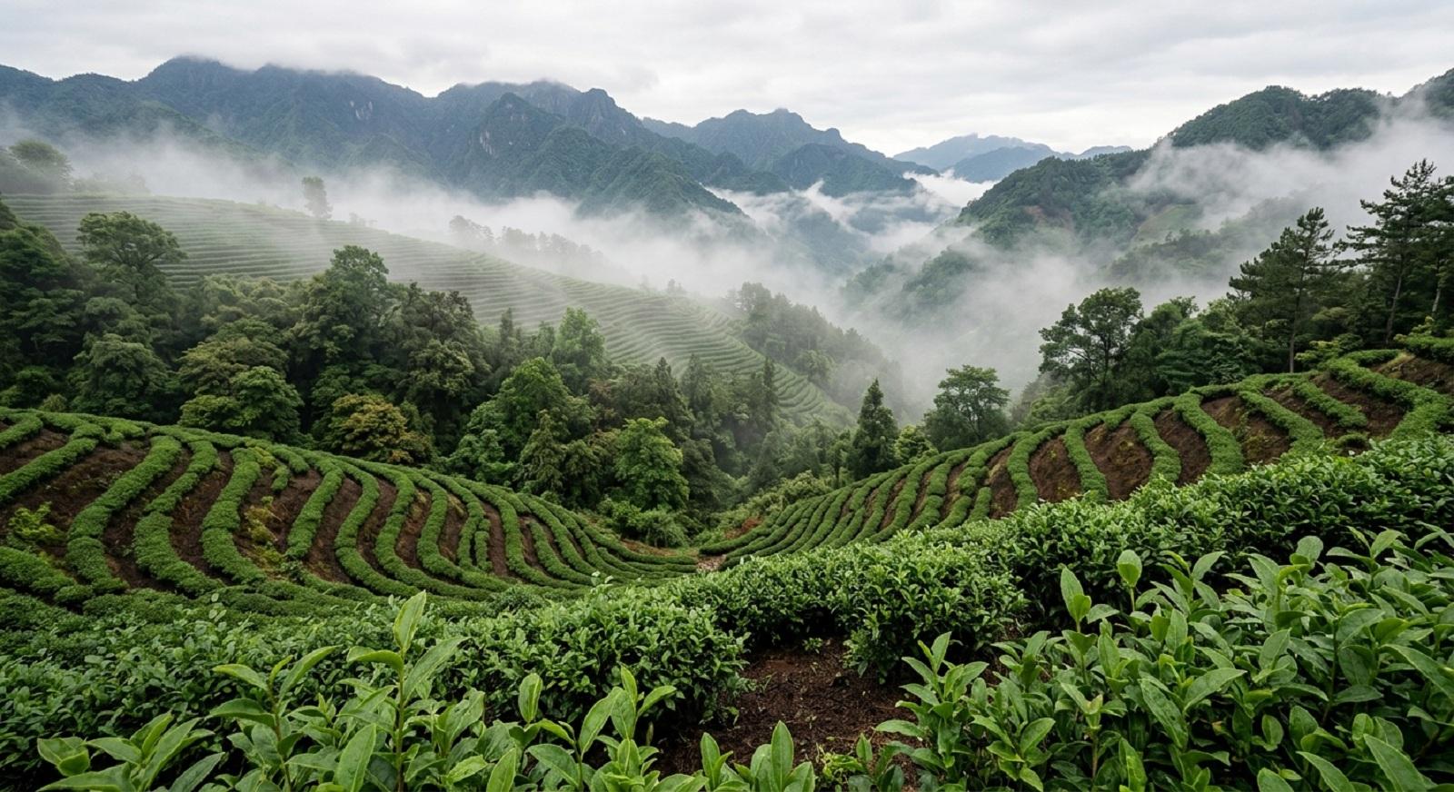 云南山间晨雾中的茶树与远山